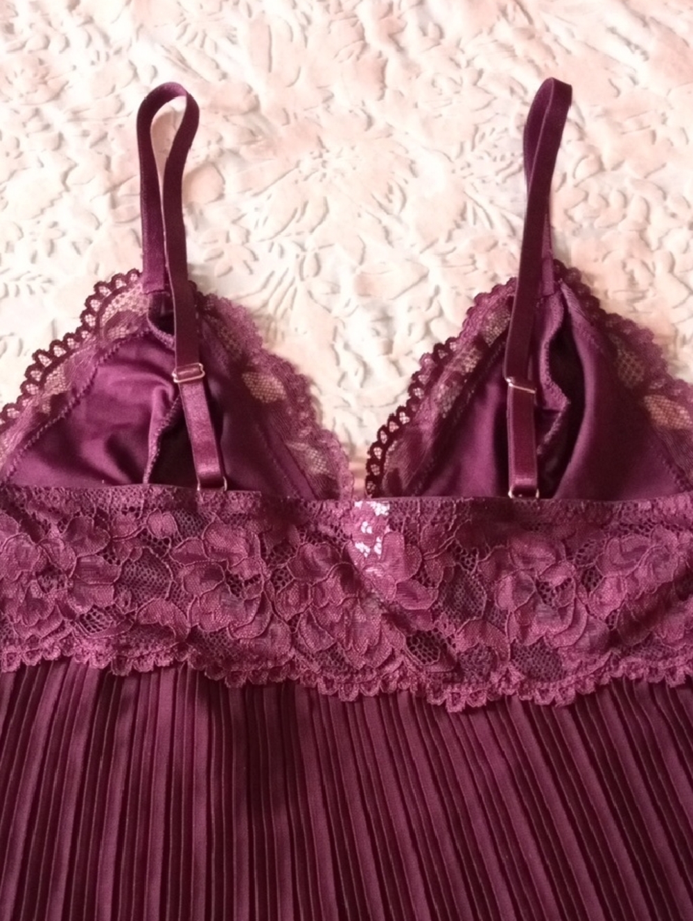 Lace-Trim Satin Pleated Cami & Short Sleep Set - Deep Plum - Picture 6 of 11